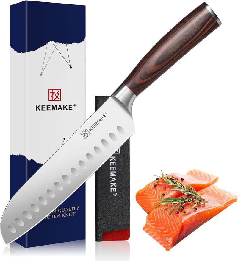 KEEMAKE Chef Santoku Knife - 7 Inch Ultra Sharp Kitchen Knife with Stainless Steel Blade for Cooking Meat Fruit Vegetable with Ergonomic Pakkawood Handle and Gift Box Included - Image 1